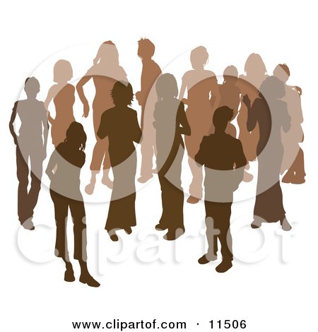 Two Women Chatting Among a Crowd of Silhouetted Brown People Clipart Illustration by AtStockIllustration