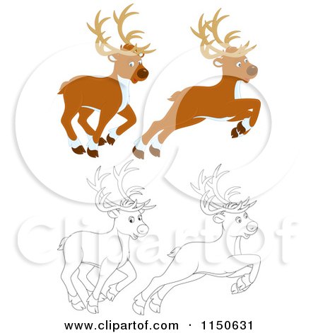 Cartoon of Colored and Outlined Flying and Walking Christmas Reindeer - Royalty Free Vector Clipart by Alex Bannykh