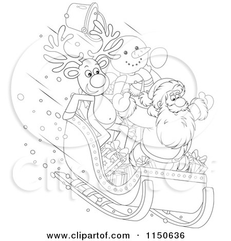 Cartoon of an Outlined Reindeer Snowman and Santa Riding Downhill in a Sleigh - Royalty Free Vector Clipart by Alex Bannykh