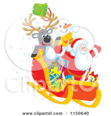 Cartoon of a Reindeer Snowman and Santa Riding Downhill in a Sleigh 2 - Royalty Free Clipart by Alex Bannykh