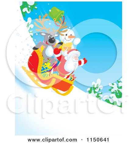 Cartoon of a Reindeer Snowman and Santa Riding Downhill in a Sleigh 3 - Royalty Free Clipart by Alex Bannykh