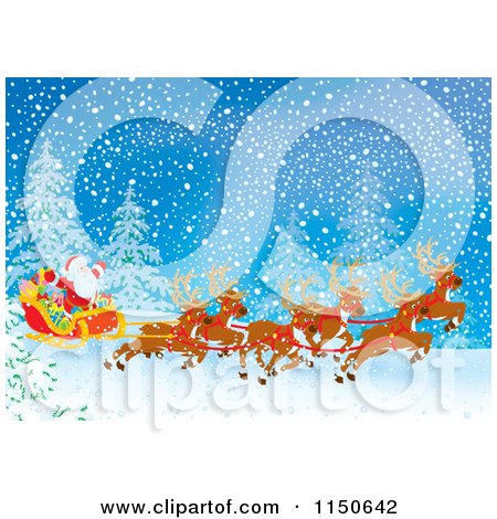 Cartoon of Santa and Reindeer with the Sleigh in the Snow - Royalty Free Clipart by Alex Bannykh