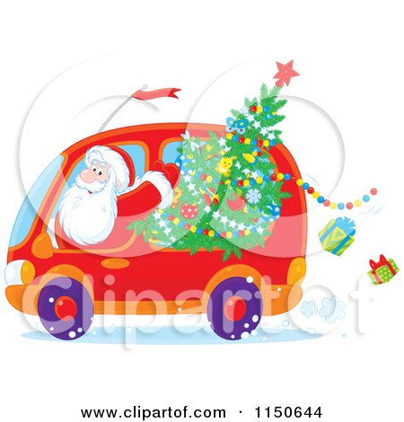 Cartoon of Santa Waving and Driving a Van with a Christmas Tree - Royalty Free Vector Clipart by Alex Bannykh
