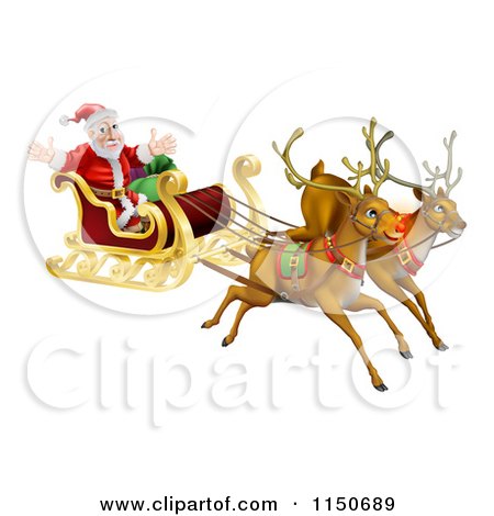 Cartoon of Flying Magic Reindeer and Santa in a Christmas Sleigh - Royalty Free Vector Clipart by AtStockIllustration
