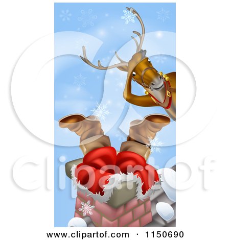 Cartoon of a Christmas Reindeer Watching Santa Stuck in a Chimney - Royalty Free Vector Clipart by AtStockIllustration
