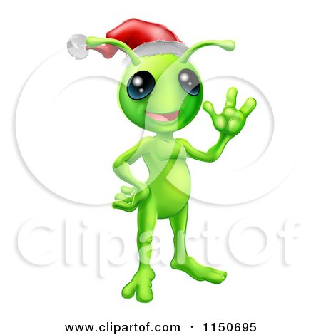 Cartoon of a Waving Christmas Alien Wearing a Santa Hat - Royalty Free Vector Clipart by AtStockIllustration