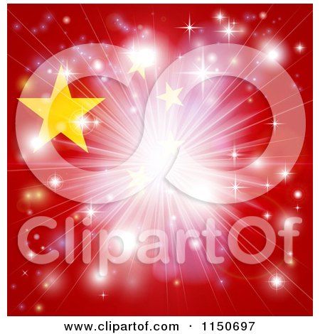 Clipart of a Bright Burst of Light over a Chinese Flag - Royalty Free Vector Clipart by AtStockIllustration
