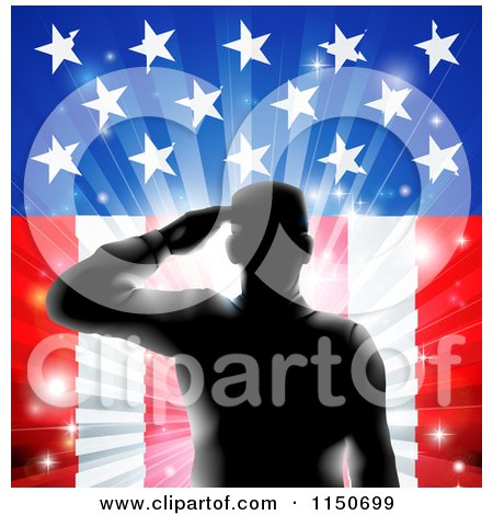 Clipart of a Silhouetted Saluting Soldier over Fireworks and an American Flag - Royalty Free Vector Clipart by AtStockIllustration