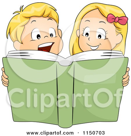 Cartoon of a Blond Brother and Sister Reading a Story Book - Royalty Free Vector Clipart by BNP Design Studio