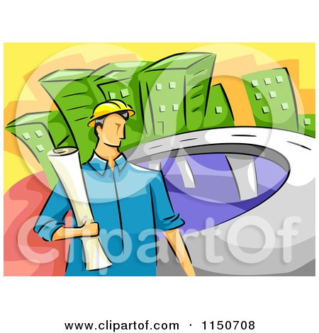 Cartoon of a Civil Engineer Man Holding Blueprints by a Road - Royalty Free Vector Clipart by BNP Design Studio