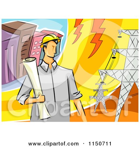 Cartoon of a Male Electrical Engineer by Transmission Towers - Royalty Free Vector Clipart by BNP Design Studio
