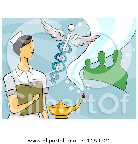 Cartoon of a Female Nurse with a Caduceus Oil Lamp and People - Royalty Free Vector Clipart by BNP Design Studio