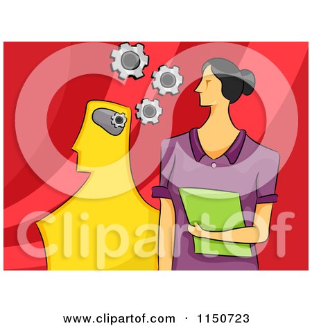 Cartoon of a Female Psychologist with Gears and a Model - Royalty Free Vector Clipart by BNP Design Studio