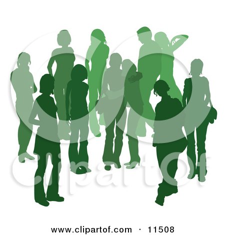 Green Group of Silhouetted People Hanging Out in a Crowd, Two Friends Embracing in the Middle Clipart Illustration by AtStockIllustration