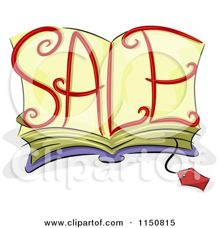 Cartoon of a Price Tag and Open Bok with SALE on the Pages - Royalty Free Vector Clipart by BNP Design Studio
