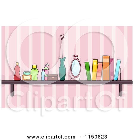 Cartoon of a Shelf of Books and Beauty Products in a Girls Room - Royalty Free Vector Clipart by BNP Design Studio