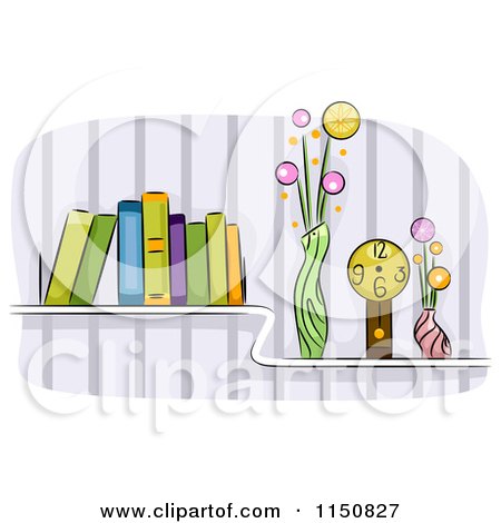 Cartoon of a Shelf of Books Vases and a Clock in a Living Room - Royalty Free Vector Clipart by BNP Design Studio