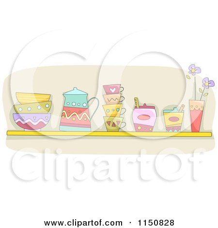 Cartoon of a Shelf of Cups and Sugar in a Kitchen - Royalty Free Vector Clipart by BNP Design Studio