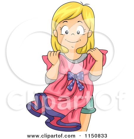 Cartoon of a Happy Blond Girl Holding a Dress - Royalty Free Vector Clipart by BNP Design Studio
