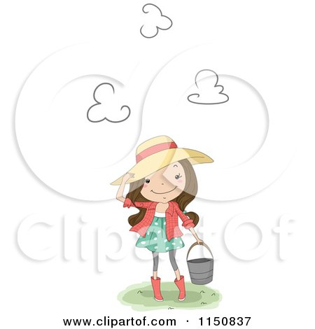 Cartoon of a Happy Country Girl Touching Her Hat and Carrying a Bucket - Royalty Free Vector Clipart by BNP Design Studio