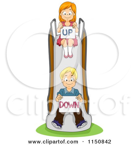 Cartoon of a Boy and Girl on a Slide with up and down Signs - Royalty Free Vector Clipart by BNP Design Studio