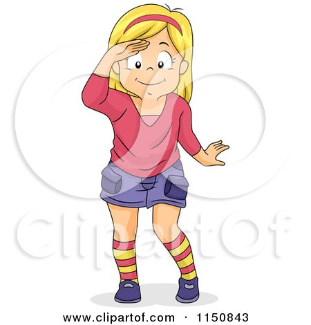 Cartoon of a Blond Girl Shielding Her Eyes and Looking - Royalty Free Vector Clipart by BNP Design Studio