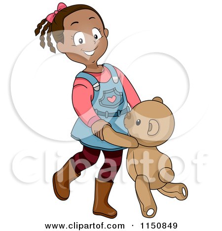 Cartoon of a Happy Black Girl Dancing with a Teddy Bear - Royalty Free Vector Clipart by BNP Design Studio