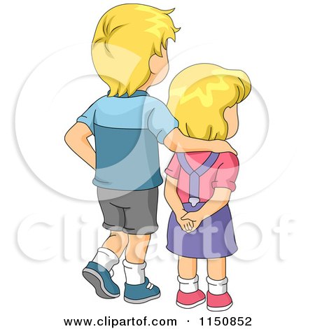 Cartoon of a Blond Big Brother and Little Sister Facing Away - Royalty Free Vector Clipart by BNP Design Studio