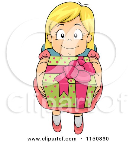 Cartoon of a Happy Blond Girl Offering a Gift - Royalty Free Vector Clipart by BNP Design Studio