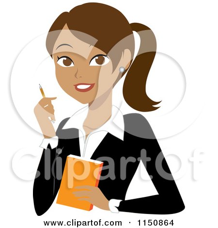 Cartoon of a Hispanic Businesswoman with a Pen and Notepad - Royalty Free Vector Clipart by Rosie Piter