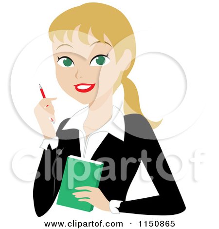 Cartoon of a Blond Businesswoman with a Pen and Notepad - Royalty Free Vector Clipart by Rosie Piter