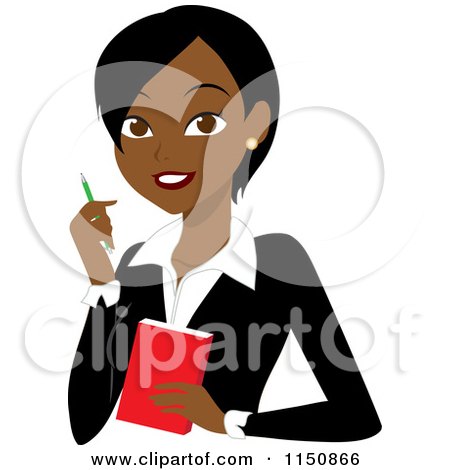 Cartoon of a Black or Indian Businesswoman with a Pen and Notepad - Royalty Free Vector Clipart by Rosie Piter
