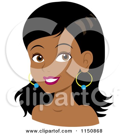 Cartoon of a Beautiful Black Woman with Long Hair and Hoop Earrings - Royalty Free Vector Clipart by Rosie Piter