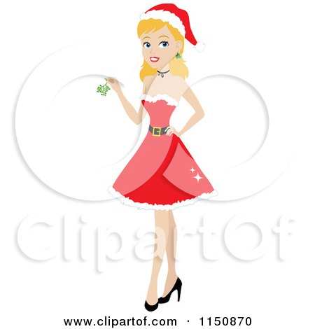 Cartoon of a Blond Christmas Woman Wearing a Santa Dress and Holding Mistletoe - Royalty Free Vector Clipart by Rosie Piter