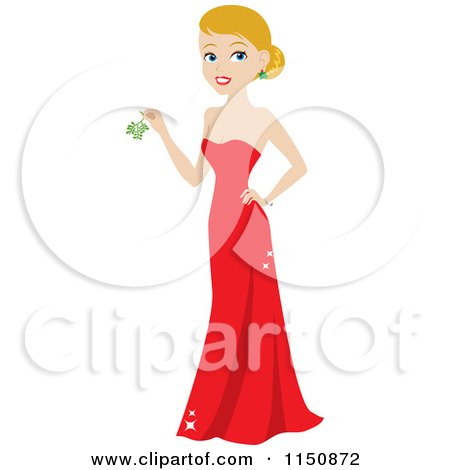Cartoon of a Blond Christmas Woman Wearing a Red Gown and Holding Mistletoe - Royalty Free Vector Clipart by Rosie Piter
