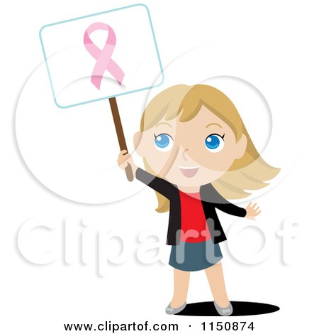 Cartoon of a Blond Girl Holding up a Breast Cancer Awareness Sign - Royalty Free Vector Clipart by Rosie Piter