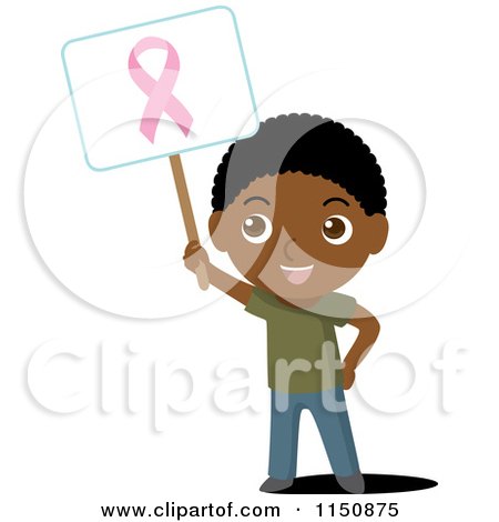 Cartoon of a Black Boy Holding up a Breast Cancer Awareness Sign - Royalty Free Vector Clipart by Rosie Piter