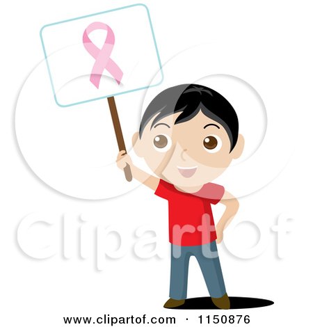 Cartoon of a Boy Holding up a Breast Cancer Awareness Sign - Royalty Free Vector Clipart by Rosie Piter