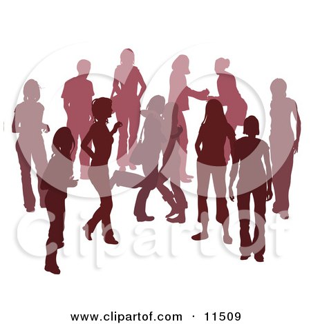 Red Group of Silhouetted People Hanging Out in a Crowd, Two Friends Hugging Clipart Illustration by AtStockIllustration