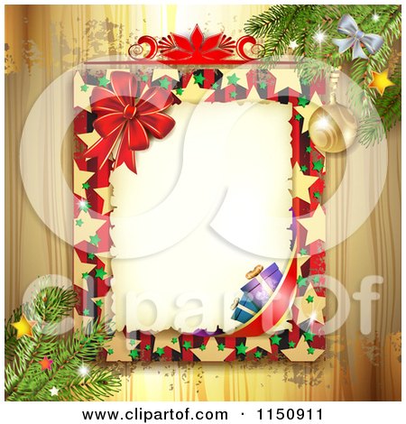 Clipart of a Christmas Border with a Poinsettia Gifts and Bow over Wood with Gold Grunge - Royalty Free Vector Clipart by merlinul