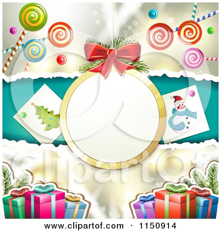 Clipart of a Christmas Candy Background with a Suspended Bauble Frame and Gifts - Royalty Free Vector Clipart by merlinul