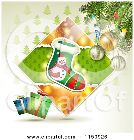 Clipart of a Christmas Background of a Stocking Gifts and Tree Branches - Royalty Free Vector Clipart by merlinul