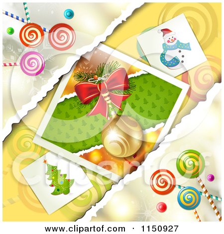 Clipart of a Christmas Candy Background with Torn Paper and a Bauble - Royalty Free Vector Clipart by merlinul