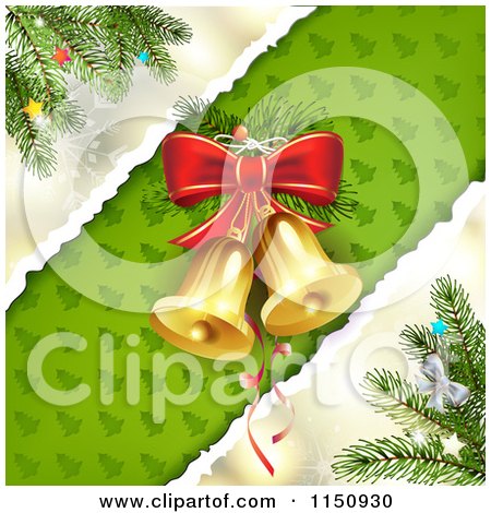 Clipart of a Torn Paper Christmas Background with Branches and Bells - Royalty Free Vector Clipart by merlinul