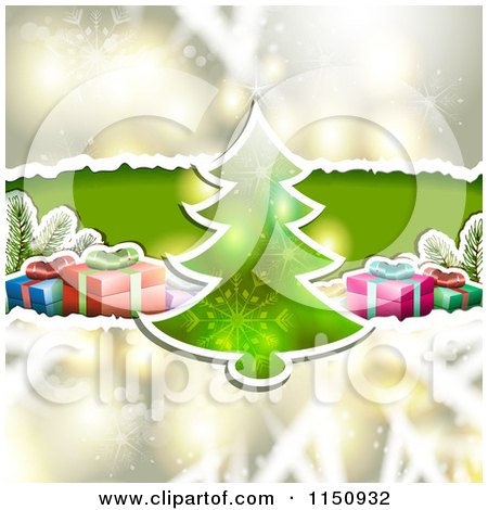 Clipart of a Christmas Background with Torn Paper Tree and Gifts - Royalty Free Vector Clipart by merlinul