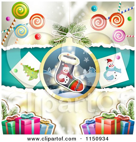 Clipart of a Christmas Candy Background with Gifts and a Stocking Ornament - Royalty Free Vector Clipart by merlinul