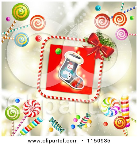 Clipart of a Candy Cane Border Around a Christmas Stocking with Candy on Gold - Royalty Free Vector Clipart by merlinul