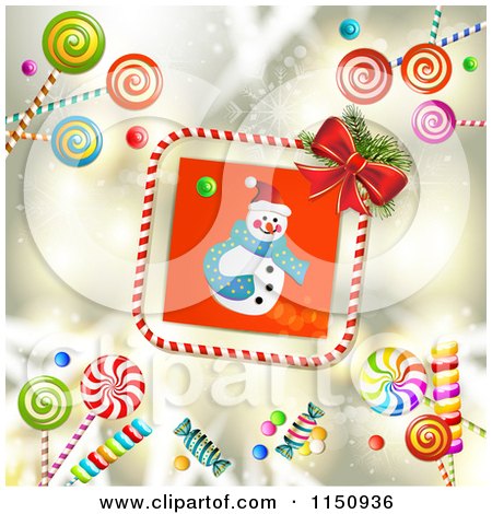 Clipart of a Candy Cane Border Around a Christmas Snowman with Candy on Gold - Royalty Free Vector Clipart by merlinul