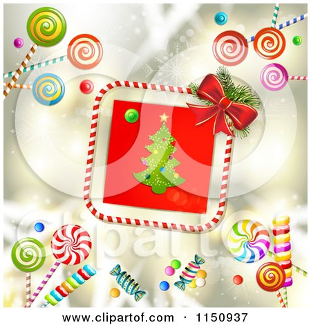 Clipart of a Candy Cane Border Around a Christmas Tree with Candy on Gold - Royalty Free Vector Clipart by merlinul