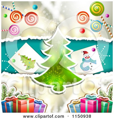 Clipart of a Christmas Candy Background with a Christmas Tree and Gifts - Royalty Free Vector Clipart by merlinul